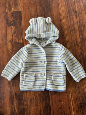 GAP Striped Baby Hooded Cardigan in Blue, Green & Cream